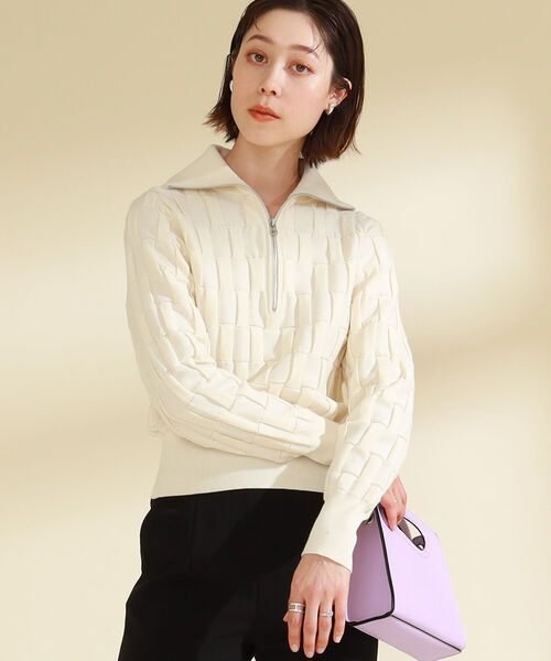 Ray BEAMS（レイビームス）の「Ray BEAMS / バスケットアミ ジップ ポロシャツ（ニット/セーター・レディース・ブラック/オフホワイト・ONE SIZE）」の2枚目の写真