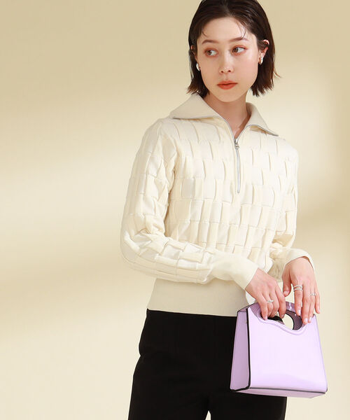 Ray BEAMS（レイビームス）の「Ray BEAMS / バスケットアミ ジップ ポロシャツ（ニット/セーター・レディース・ブラック/オフホワイト・ONE SIZE）」の5枚目の写真