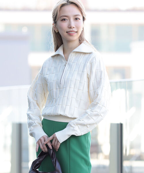 Ray BEAMS（レイビームス）の「Ray BEAMS / バスケットアミ ジップ ポロシャツ（ニット/セーター・レディース・ブラック/オフホワイト・ONE SIZE）」の8枚目の写真