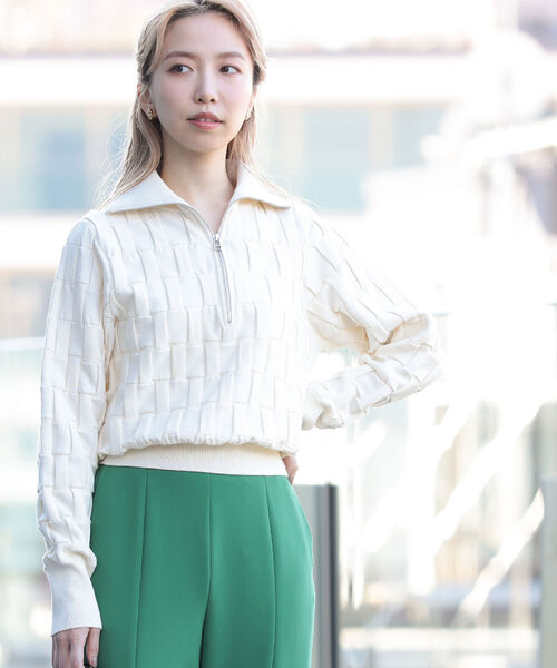 Ray BEAMS（レイビームス）の「Ray BEAMS / バスケットアミ ジップ ポロシャツ（ニット/セーター・レディース・ブラック/オフホワイト・ONE SIZE）」の7枚目の写真