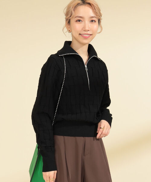 Ray BEAMS（レイビームス）の「Ray BEAMS / バスケットアミ ジップ ポロシャツ（ニット/セーター・レディース・ブラック/オフホワイト・ONE SIZE）」の4枚目の写真