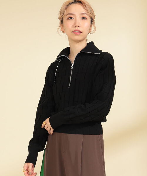 Ray BEAMS（レイビームス）の「Ray BEAMS / バスケットアミ ジップ ポロシャツ（ニット/セーター・レディース・ブラック/オフホワイト・ONE SIZE）」の11枚目の写真