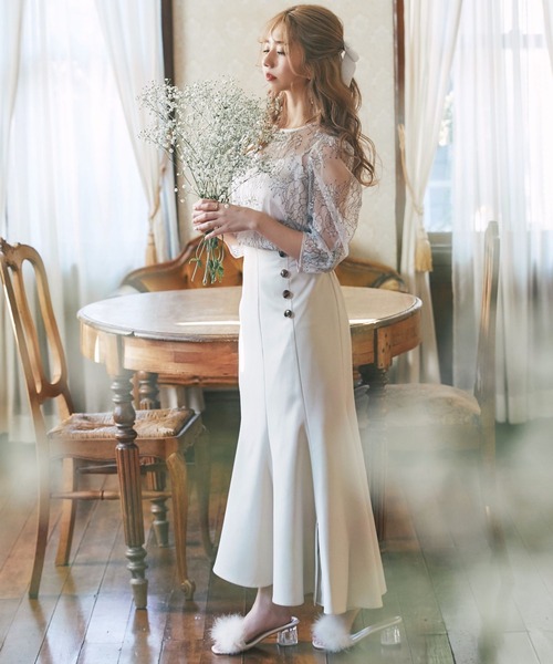 tocco closet（トッコ　クローゼット）の「キャミソール付きバックリボンパワーショルダー配色レースブラウス（シャツ/ブラウス・レディース・ベージュ/オフホワイト・M）」の19枚目の写真