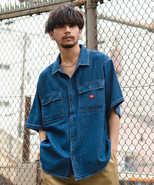 Dickies(ディッキーズ)の「『Dickies/ディッキーズ』TCツイル&デニム半袖ワークシャツ(シャツ/ブラウス・メンズ・ベージュ/インディゴブルー/ブラック/その他/サックスブルー/ホワイト/グリーン・M/XL/L)」の17枚目の写真