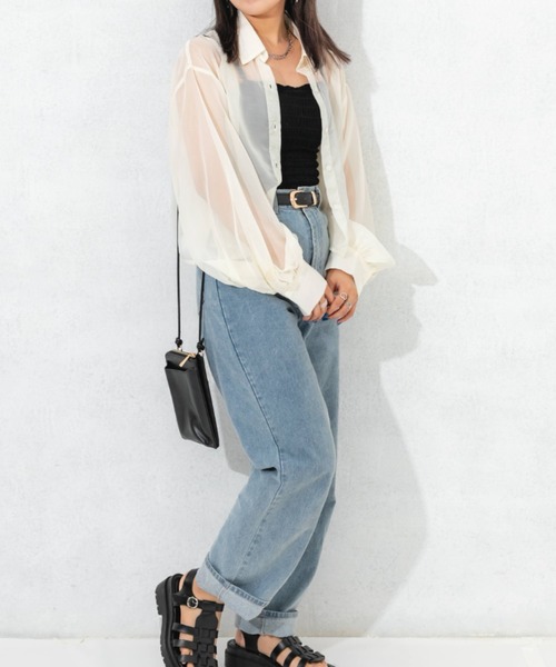 nemne store（ネンネストア）の「袖ボリュームシアーショートシャツ（シャツ/ブラウス・レディース・ピンク/オレンジ/アイボリー・フリー）」の4枚目の写真