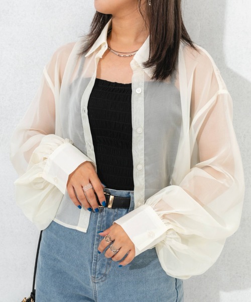 nemne store（ネンネストア）の「袖ボリュームシアーショートシャツ（シャツ/ブラウス・レディース・ピンク/オレンジ/アイボリー・フリー）」の21枚目の写真