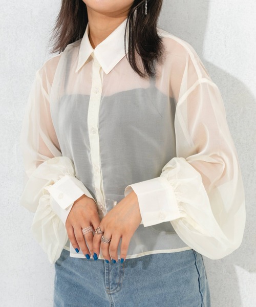 nemne store（ネンネストア）の「袖ボリュームシアーショートシャツ（シャツ/ブラウス・レディース・ピンク/オレンジ/アイボリー・フリー）」の10枚目の写真