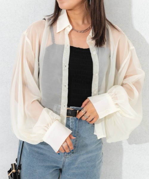 nemne store（ネンネストア）の「袖ボリュームシアーショートシャツ（シャツ/ブラウス・レディース・ピンク/オレンジ/アイボリー・フリー）」の9枚目の写真