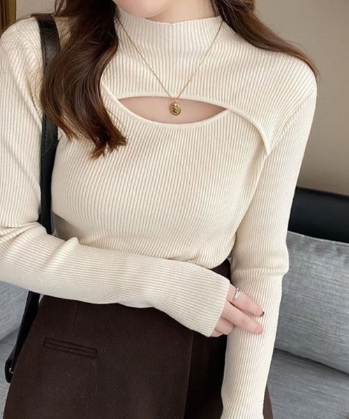 Doula Doula(ドゥーラドゥーラ)の「デコルテオープンスリットリブニット(ニット/セーター・レディース・ブラウン/ホワイト/カーキ/ベージュ/キャメル/ブラック・FREE)」の9枚目の写真