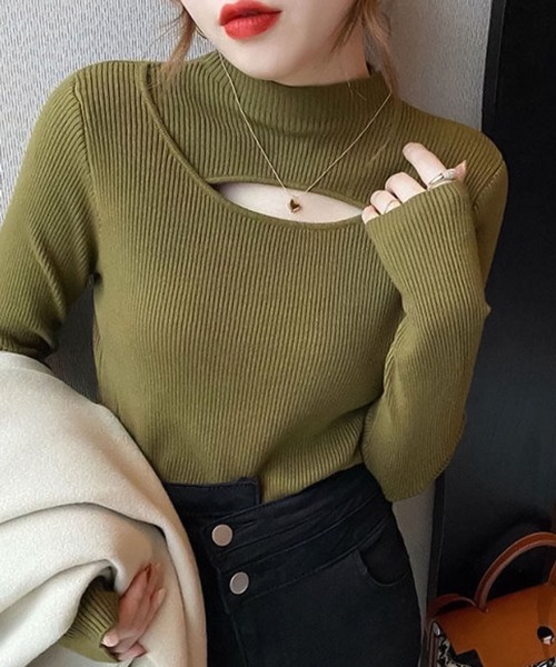 Doula Doula(ドゥーラドゥーラ)の「デコルテオープンスリットリブニット(ニット/セーター・レディース・ブラウン/ホワイト/カーキ/ベージュ/キャメル/ブラック・FREE)」の12枚目の写真