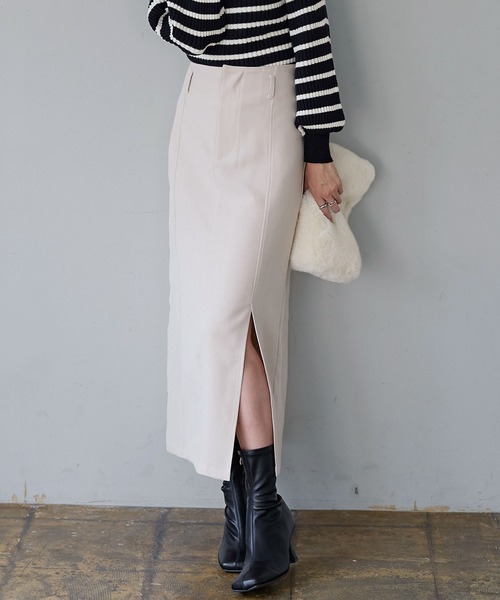 KOBE LETTUCE（コウベレタス）の「起毛ツイルフロントスリットナロースカート（スカート・レディース・ブラック/ホワイト系/ベージュ・FREE）」の2枚目の写真