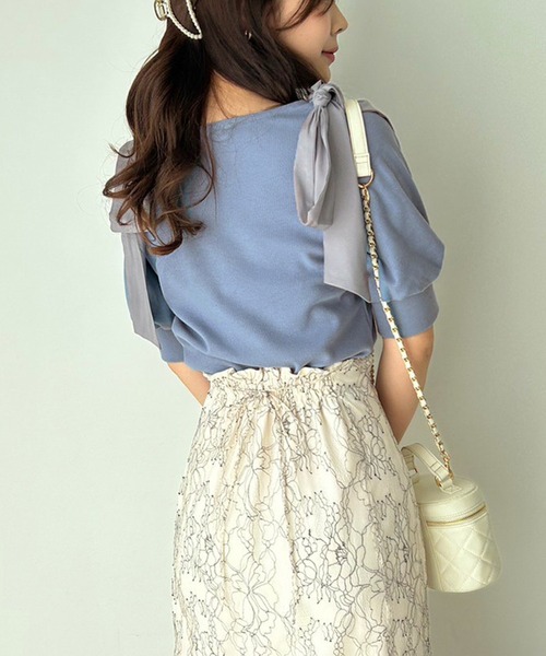 one after another NICE CLAUP(ワンアフターアナザーナイスクラップ)の「リボン取り外し可能/肩リボンテレコトップス(Tシャツ/カットソー・レディース・オフホワイト/ブルー/ブラック系その他/ピンクベージュ・FREE)」の9枚目の写真