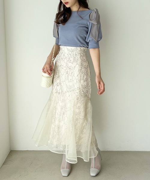 one after another NICE CLAUP(ワンアフターアナザーナイスクラップ)の「リボン取り外し可能/肩リボンテレコトップス(Tシャツ/カットソー・レディース・オフホワイト/ブルー/ブラック系その他/ピンクベージュ・FREE)」の6枚目の写真