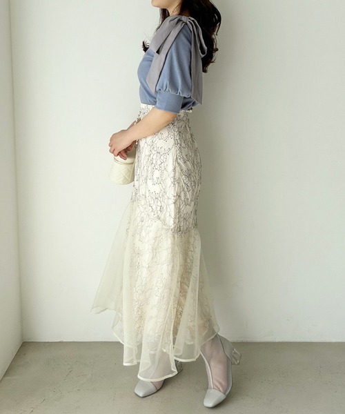 one after another NICE CLAUP(ワンアフターアナザーナイスクラップ)の「リボン取り外し可能/肩リボンテレコトップス(Tシャツ/カットソー・レディース・オフホワイト/ブルー/ブラック系その他/ピンクベージュ・FREE)」の7枚目の写真