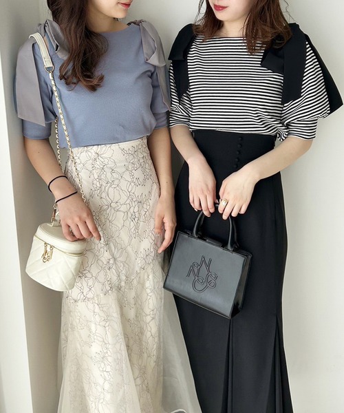 one after another NICE CLAUP(ワンアフターアナザーナイスクラップ)の「リボン取り外し可能/肩リボンテレコトップス(Tシャツ/カットソー・レディース・オフホワイト/ブルー/ブラック系その他/ピンクベージュ・FREE)」の20枚目の写真