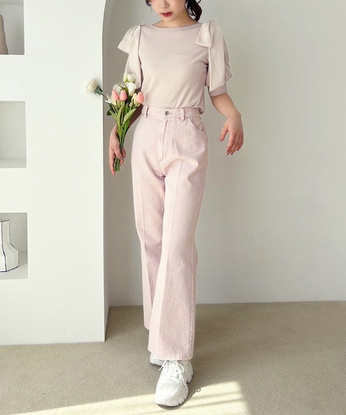 one after another NICE CLAUP(ワンアフターアナザーナイスクラップ)の「リボン取り外し可能/肩リボンテレコトップス(Tシャツ/カットソー・レディース・オフホワイト/ブルー/ブラック系その他/ピンクベージュ・FREE)」の15枚目の写真