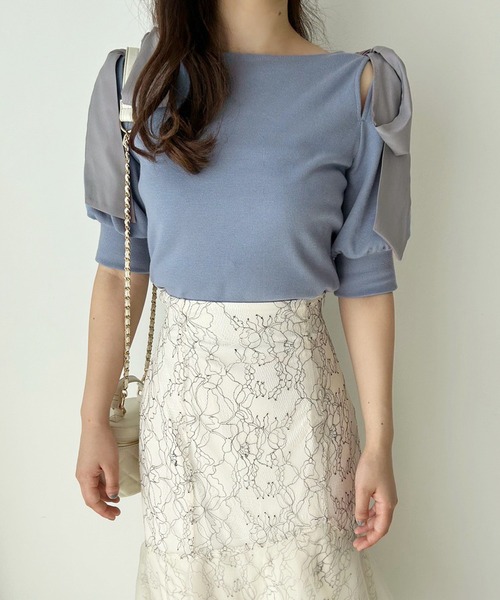 one after another NICE CLAUP(ワンアフターアナザーナイスクラップ)の「リボン取り外し可能/肩リボンテレコトップス(Tシャツ/カットソー・レディース・オフホワイト/ブルー/ブラック系その他/ピンクベージュ・FREE)」の8枚目の写真