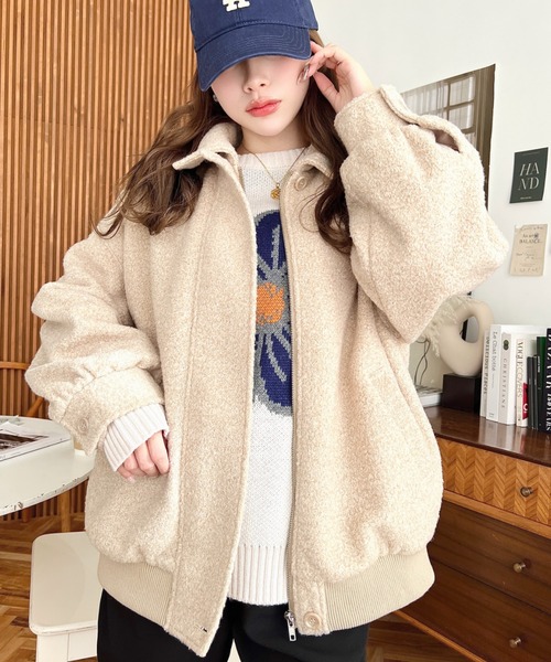 美品♪マディソンブルー ウール 長袖 コンチョボタン ベージュ 02sk1 セール】リングフェイクウール2WAYアレンジカラーブルゾン（ブルゾン