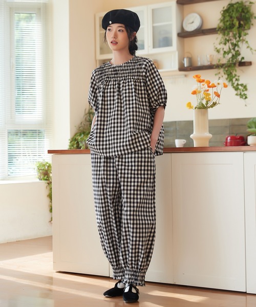 七里　スモッキングチェックワンピース 即納】(90〜140cm) 定番 チェック 長袖 スモッキング ワンピース
