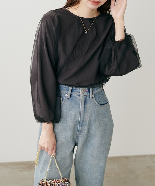 natural couture(ナチュラルクチュール)の「チュールバルーンブラウス(シャツ/ブラウス・レディース・サックスブルー/オフホワイト/ブラック/グレイッシュベージュ・FREE)」の10枚目の写真