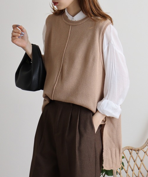 FUNALIVE（ファンアライブ）の「PAGE ONE アウトシーム＆スリット入りニットベスト（ベスト・レディース・ライトグレー/グリーン/アイボリー/ブラック/ネイビー/オレンジ/ベージュ・M-L）」の5枚目の写真