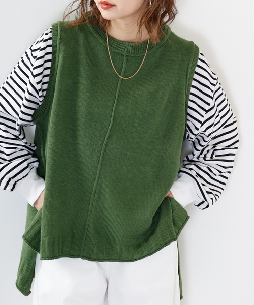 FUNALIVE（ファンアライブ）の「PAGE ONE アウトシーム＆スリット入りニットベスト（ベスト・レディース・ライトグレー/グリーン/アイボリー/ブラック/ネイビー/オレンジ/ベージュ・M-L）」の6枚目の写真