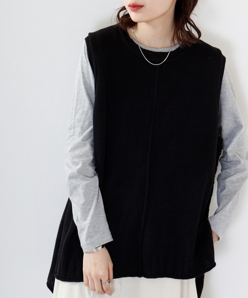 FUNALIVE（ファンアライブ）の「PAGE ONE アウトシーム＆スリット入りニットベスト（ベスト・レディース・ライトグレー/グリーン/アイボリー/ブラック/ネイビー/オレンジ/ベージュ・M-L）」の3枚目の写真