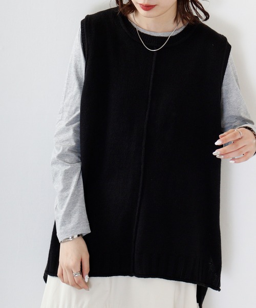 FUNALIVE（ファンアライブ）の「PAGE ONE アウトシーム＆スリット入りニットベスト（ベスト・レディース・ライトグレー/グリーン/アイボリー/ブラック/ネイビー/オレンジ/ベージュ・M-L）」の18枚目の写真