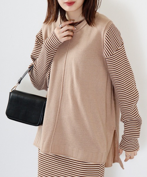 FUNALIVE（ファンアライブ）の「PAGE ONE アウトシーム＆スリット入りニットベスト（ベスト・レディース・ライトグレー/グリーン/アイボリー/ブラック/ネイビー/オレンジ/ベージュ・M-L）」の10枚目の写真