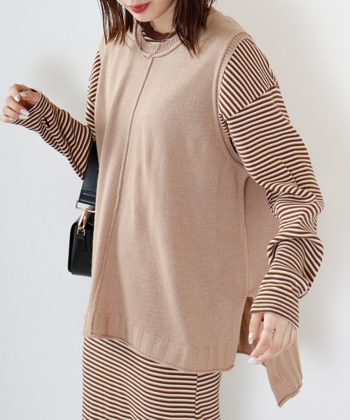 FUNALIVE（ファンアライブ）の「PAGE ONE アウトシーム＆スリット入りニットベスト（ベスト・レディース・ライトグレー/グリーン/アイボリー/ブラック/ネイビー/オレンジ/ベージュ・M-L）」の11枚目の写真