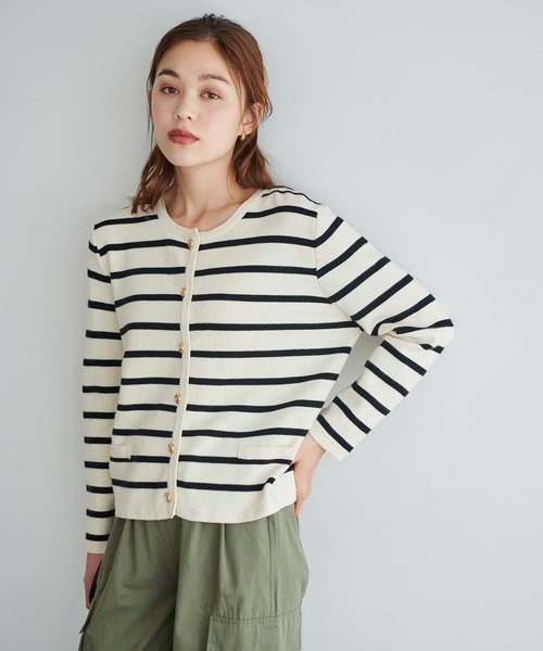Edit Sheen（エディットシーン）の「金ボタンボーダーカーディガン（カーディガン/ボレロ・レディース・ホワイト/ブラック・M）」の2枚目の写真