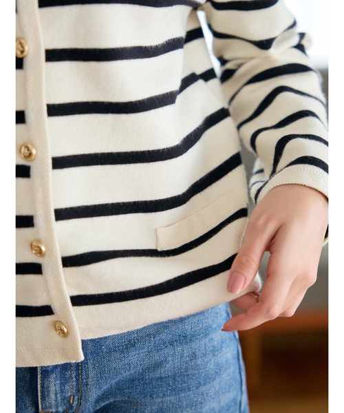 エスカーダ　カーディガン　ビジュー　金ボタン　刺繍 ボーダー　スパンコール エスカーダ カーディガン ビジュー 金ボタン 刺繍 ボーダー