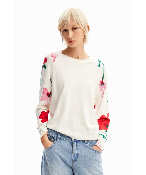 Desigual(デシグアル)の「水彩画スタイル 花柄 セーター(ニット/セーター・レディース・ホワイト/ブラック・S/M/L)」の1枚目の写真