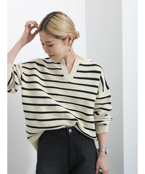 Samansa Mos2 blue（サマンサモスモスブルー）の「ボーダースキッパーニットプルオーバー（ニット/セーター・レディース・キナリ/グリーン/ネイビー・F）」の2枚目の写真