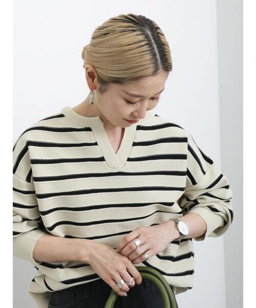 Samansa Mos2 blue（サマンサモスモスブルー）の「ボーダースキッパーニットプルオーバー（ニット/セーター・レディース・キナリ/グリーン/ネイビー・F）」の5枚目の写真