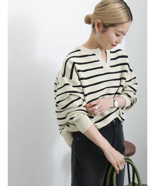 Samansa Mos2 blue（サマンサモスモスブルー）の「ボーダースキッパーニットプルオーバー（ニット/セーター・レディース・キナリ/グリーン/ネイビー・F）」の7枚目の写真