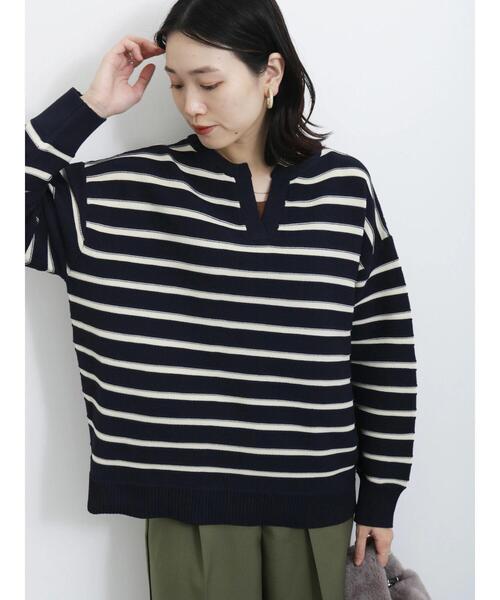 Samansa Mos2 blue（サマンサモスモスブルー）の「ボーダースキッパーニットプルオーバー（ニット/セーター・レディース・キナリ/グリーン/ネイビー・F）」の9枚目の写真