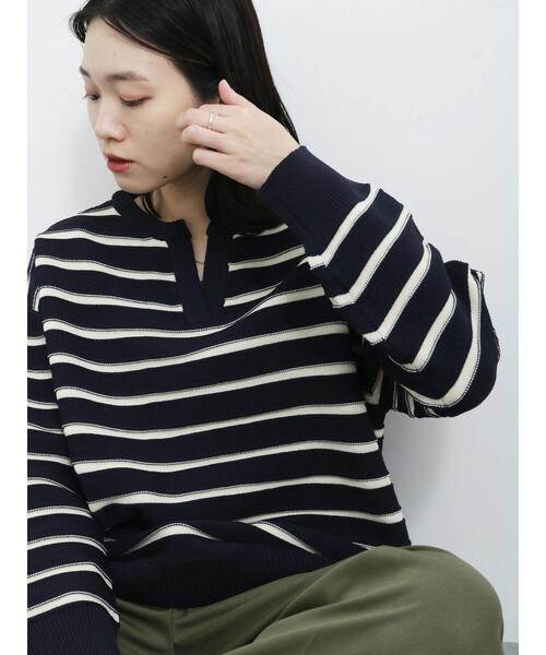 Samansa Mos2 blue（サマンサモスモスブルー）の「ボーダースキッパーニットプルオーバー（ニット/セーター・レディース・キナリ/グリーン/ネイビー・F）」の12枚目の写真