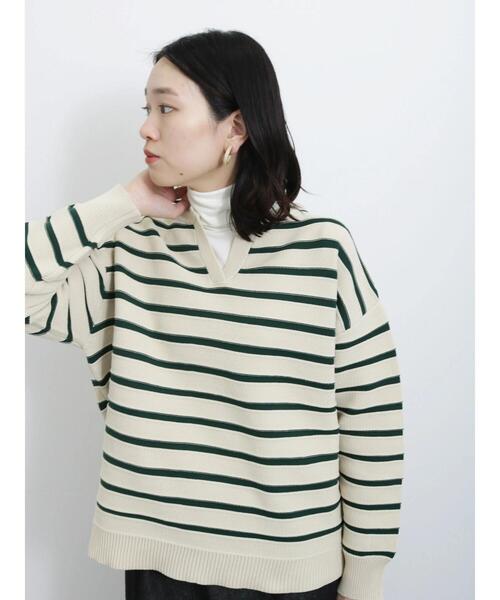 Samansa Mos2 blue（サマンサモスモスブルー）の「ボーダースキッパーニットプルオーバー（ニット/セーター・レディース・キナリ/グリーン/ネイビー・F）」の13枚目の写真