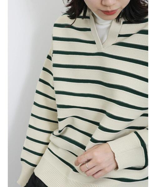 Samansa Mos2 blue（サマンサモスモスブルー）の「ボーダースキッパーニットプルオーバー（ニット/セーター・レディース・キナリ/グリーン/ネイビー・F）」の14枚目の写真