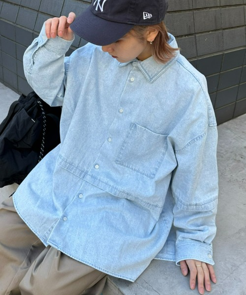 SOUNDSGOOOOD（サウンズグッド）の「【SOUNDS GOOOOD / サウンズグッド】切替レギュラーカラーオーバーシャツ（シャツ/ブラウス・メンズ・ブラック/ブラウン/サックスブルー/ブルー・ONE SIZE）」の16枚目の写真