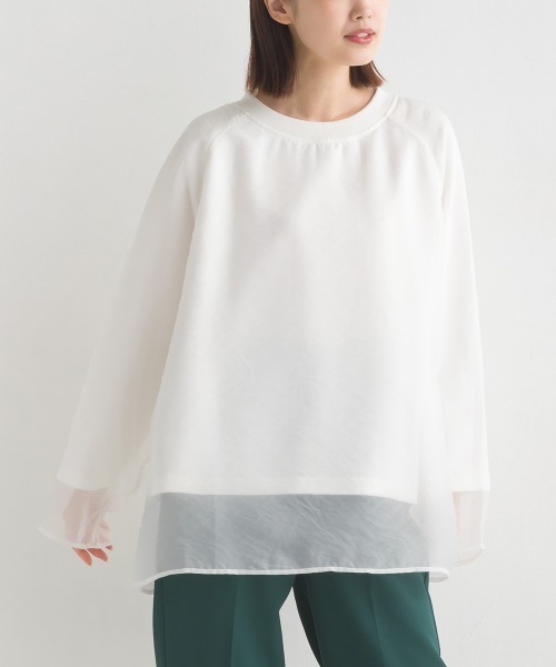 OMNES(オムネス)の「オーガンジーレイヤードダンボールニットラグランプルオーバー長袖(Tシャツ/カットソー・レディース・ホワイト/ベージュ/グレイッシュベージュ/ブラック・FREE)」の12枚目の写真
