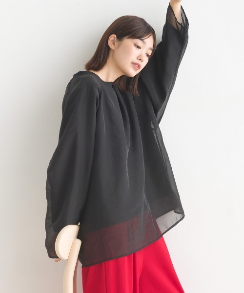 OMNES(オムネス)の「オーガンジーレイヤードダンボールニットラグランプルオーバー長袖(Tシャツ/カットソー・レディース・ホワイト/ベージュ/グレイッシュベージュ/ブラック・FREE)」の16枚目の写真