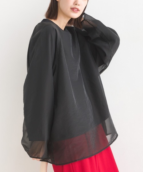 OMNES(オムネス)の「オーガンジーレイヤードダンボールニットラグランプルオーバー長袖(Tシャツ/カットソー・レディース・ホワイト/ベージュ/グレイッシュベージュ/ブラック・FREE)」の18枚目の写真