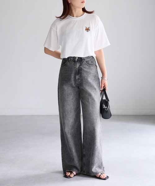 Riberry（リベリー）の「めがねキツネ胸刺繍半袖Tシャツ（Tシャツ/カットソー・レディース・オフホワイト/オートミール/チャコールグレー・FREE/LARGE）」の12枚目の写真