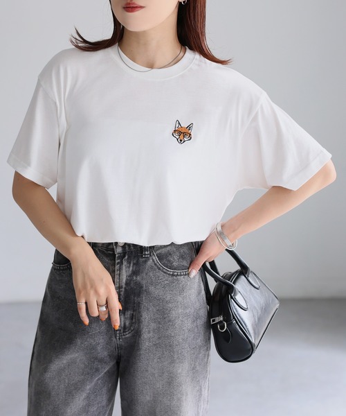 Riberry（リベリー）の「めがねキツネ胸刺繍半袖Tシャツ（Tシャツ/カットソー・レディース・オフホワイト/オートミール/チャコールグレー・FREE/LARGE）」の8枚目の写真