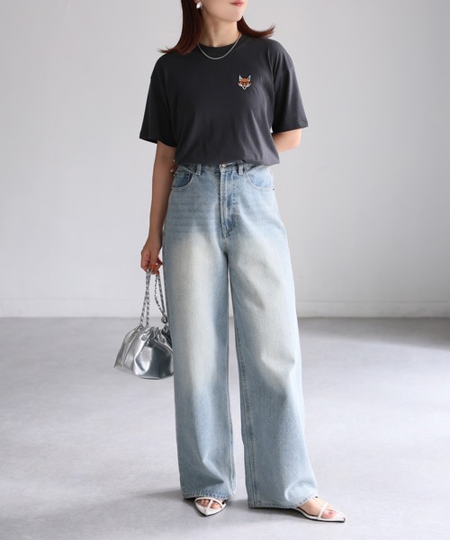 Riberry（リベリー）の「めがねキツネ胸刺繍半袖Tシャツ（Tシャツ/カットソー・レディース・オフホワイト/オートミール/チャコールグレー・FREE/LARGE）」の15枚目の写真