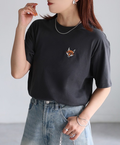 Riberry（リベリー）の「めがねキツネ胸刺繍半袖Tシャツ（Tシャツ/カットソー・レディース・オフホワイト/オートミール/チャコールグレー・FREE/LARGE）」の14枚目の写真