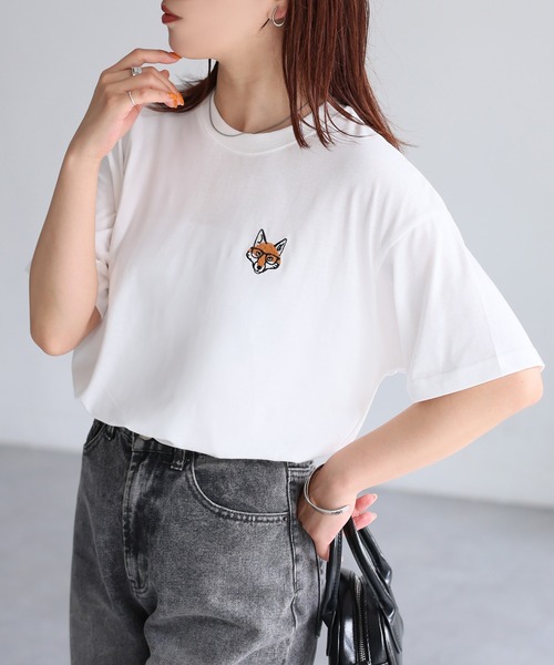 Riberry（リベリー）の「めがねキツネ胸刺繍半袖Tシャツ（Tシャツ/カットソー・レディース・オフホワイト/オートミール/チャコールグレー・FREE/LARGE）」の5枚目の写真