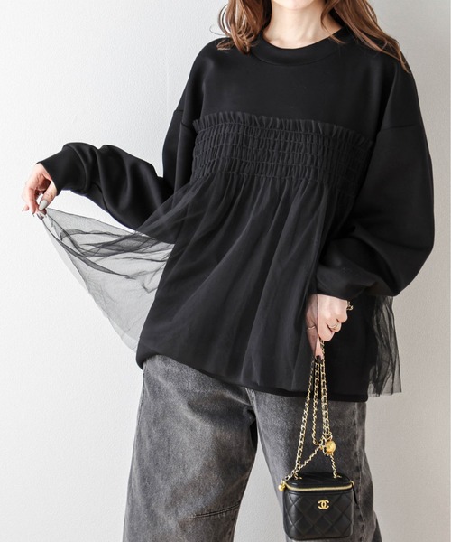 AMELY(エミリー)の「チュールドッキングプルオーバー(シャツ/ブラウス・レディース・ブラック/グレイッシュベージュ/ホワイト・フリー)」の12枚目の写真